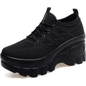 Women Chunky Platform Comfort Orthopedic Wedge Non-Slip Running Shoes All Black